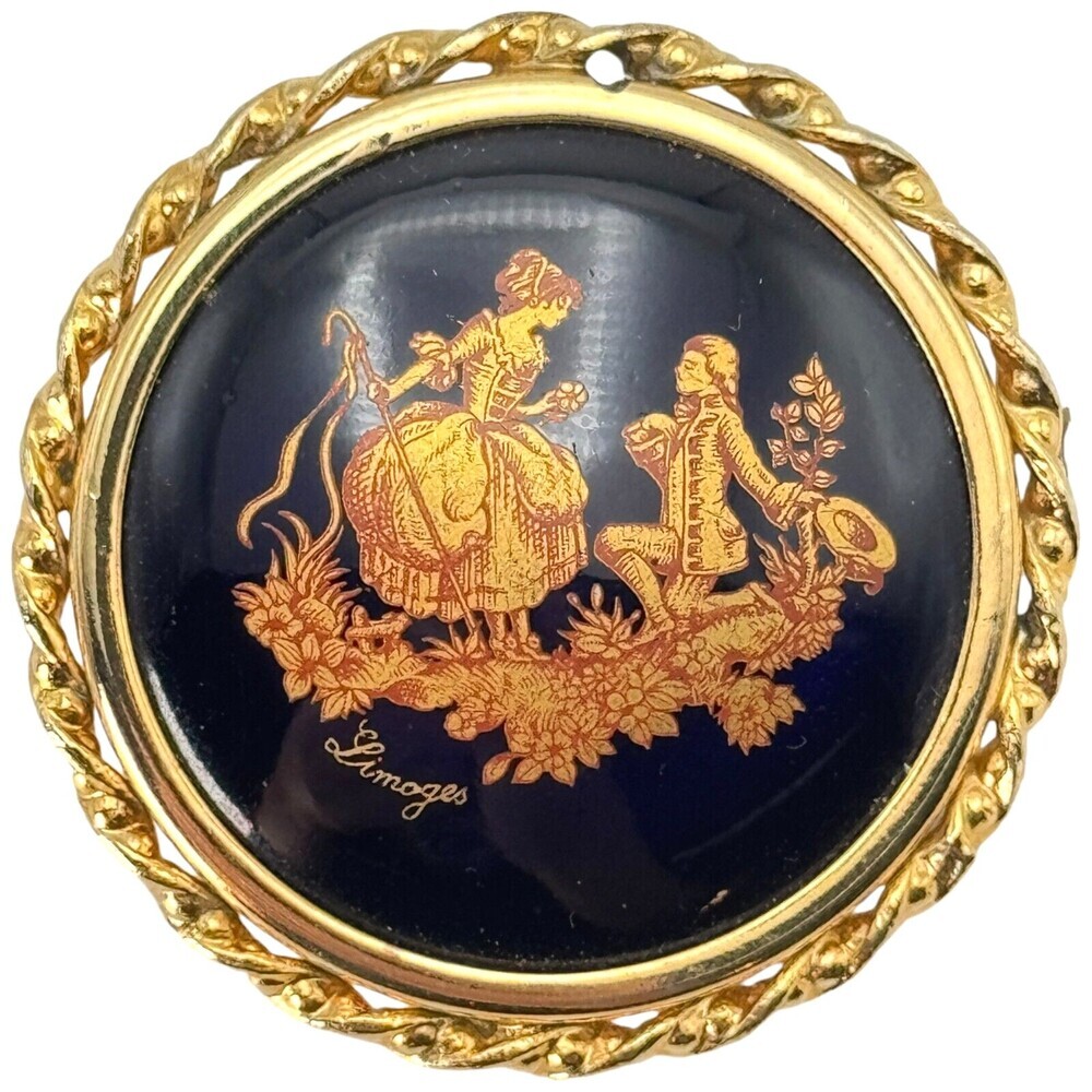 Limoges Courting Couple Figures Pin Brooch ~2" Blue Gold Porcelain France VTG